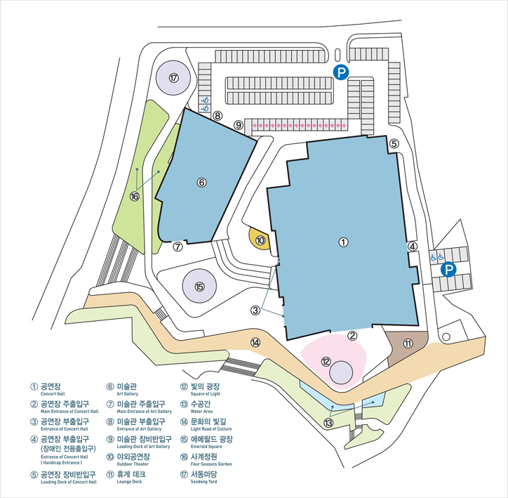 익산예술의전당 종합안내도. 공연장, 공연장 주출입구, 공연장 부출입구, 공연장 부출입구(장애인 전용출입구), 공연장 장비반입구, 미술관, 미술관 주출입구, 미술관 부출입구, 미술관 장비반입구, 야외공연장, 휴게데크, 빛의광장, 수공간, 문화의 빛길, 에메랄드 광장, 사계정원, 서동마당