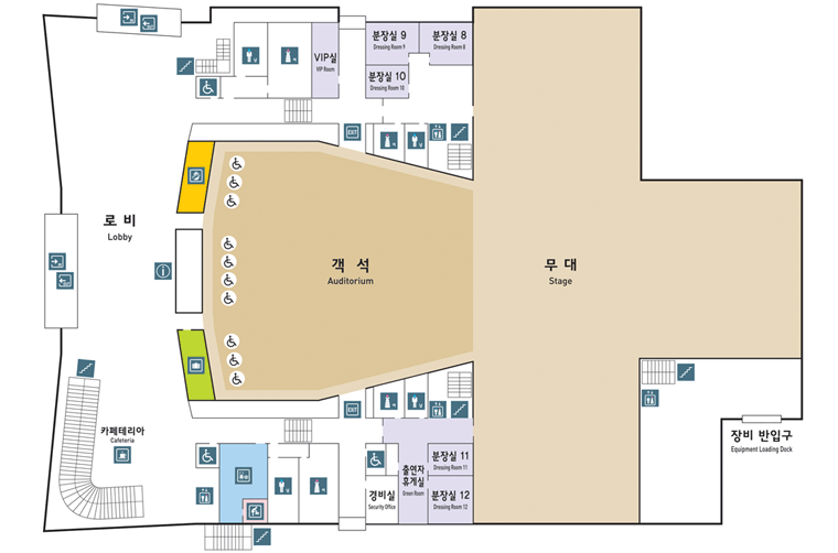 로비, 카페테리아, 화장실, VIP실, 경비실, 출연자 휴게실, 분장실9~12, 무대, 객석, 장비반입구 등 위치정보 