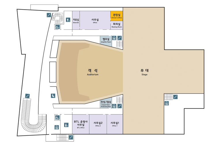 공연장(지상3층 평면도) 평면도. 자료실, 사무실, 관장실, 회의실, 엠프실, 전산실/방송실, BTL운영자 사무실, 사무실2, 사무실1, 객석, 무대 등 위치정보