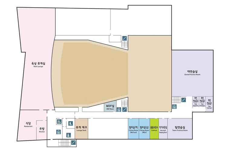 공연장(지상4층 평면도) 평면도. 옥상휴게실, 식당, 주방, 휴게데크, MDF실, 탈의실(여), 탈의실(남), 물품보관소, 악기보관실, 팀연습실, 대연습실, 개인연습실1~3 위치정보