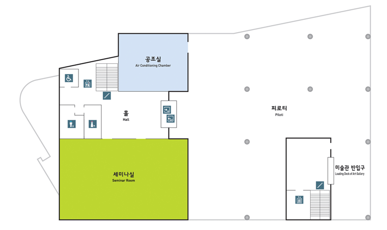 세미나실(지하1층 평면도) 평면도. 홀, 세미나실, 공조실, 피로티, 미술관 반입구 위치정보