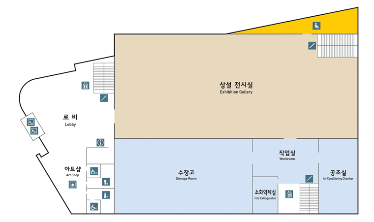 미술관(지상1층 평면도) 평면도. 로비, 아트샵, 상설전시실, 수장고, 작업실, 소화약제실, 공조실 위치정보