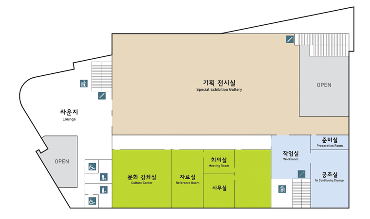 미술관(지상2층 평면도) 평면도. 라운지, 기획전시실, 문화강좌실, 자료실, 회의실, 사무실, 작업실, 준비실, 공조실 위치정보